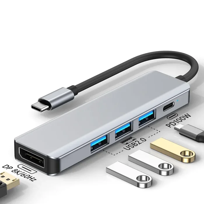 5 in 1 Usb C Hub Usb Hub USB2.0 Type C 100W PD Charger HD 8K/60HZ Usb C Docking Station Hub Otg Adapter Splitter for PC Macbook