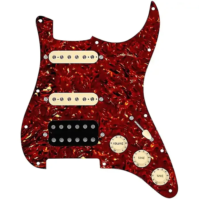 920D Custom HSS Loaded Pickguard For Strat With An Uncovered Cool Kids Humbucker, Aged White Texas Grit Pickups and Black Knobs Tortoise Guitar Center