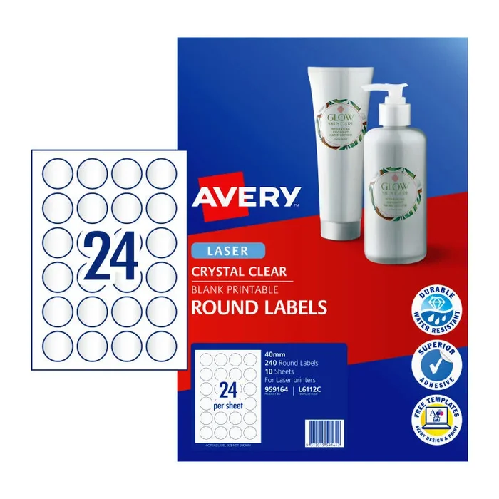 Avery Crystal Clear Round Multi-purpose Labels for Laser Printers, 40 mm diameter [240-Pieces]