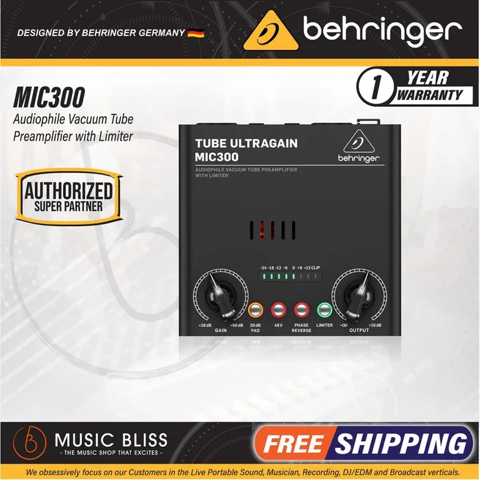 Behringer MIC300 Audiophile Vacuum Tube Preamplifier with Limiter (MIC-300 / MIC 300)