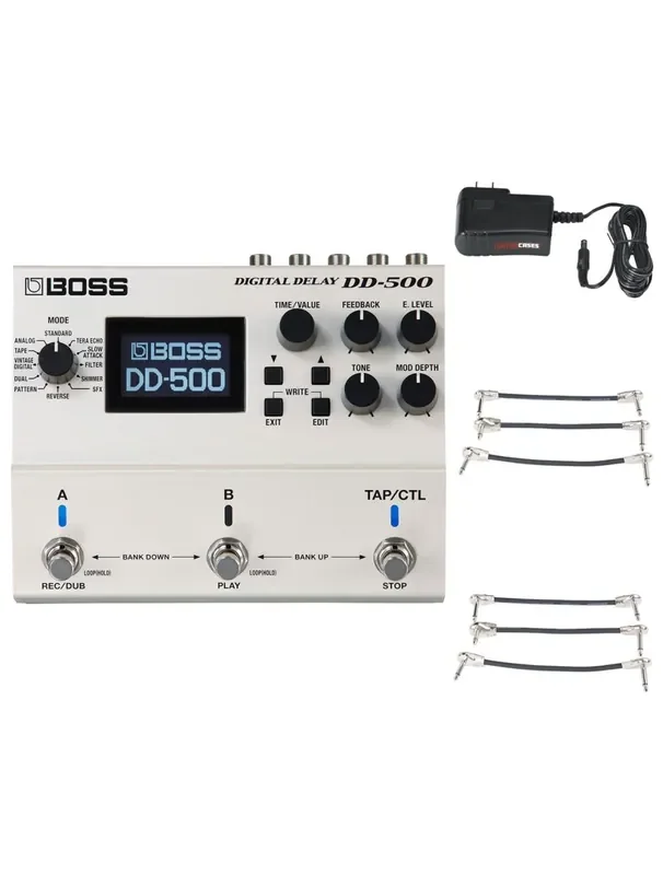 Boss DD-500 Digital Delay Pedal + Gator 9V Power Combo & 3 Patch Cables
