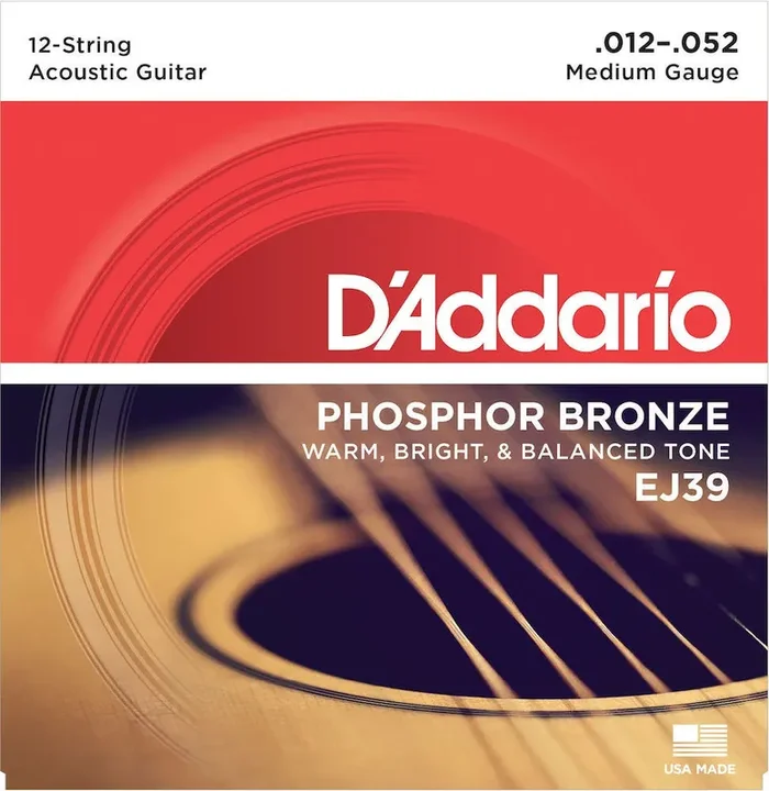 D‘Addario EJ39 12-String Phosphor Bronze Acoustic Guitar Strings, Medium, 12-52