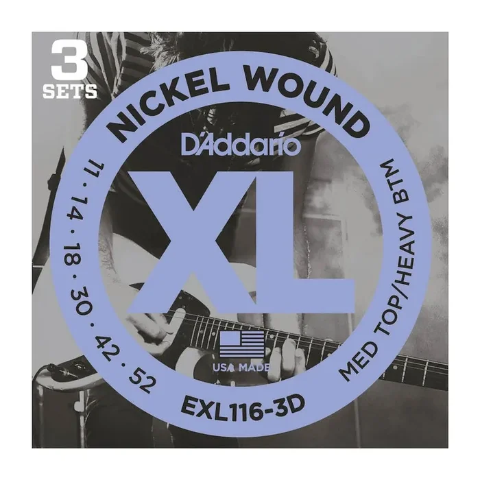 D‘Addario EXL116-3D Nickel Wound Electric Guitar Strings, Medium Top/Heavy Bottom, 11-52, 3 Sets