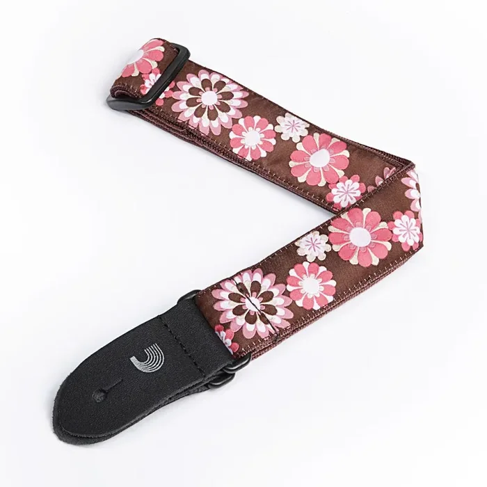 D‘Addario Nylon Ukulele Strap, Brown and Pink Flowers