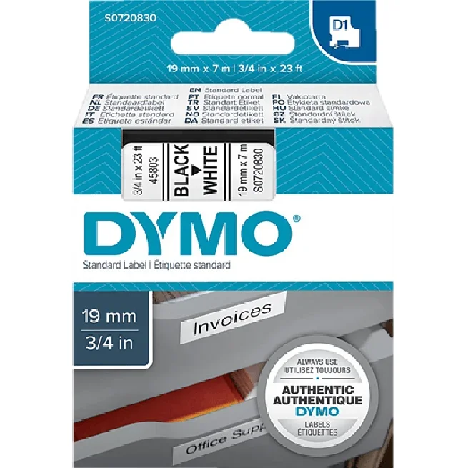 Dymo 45803 D1 Labelling Tape 19mmx7m (Black On White) [5 Pack]