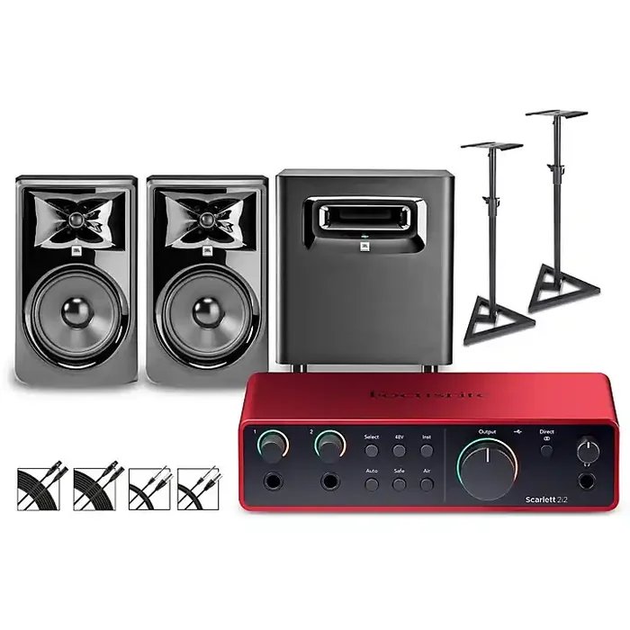 Focusrite Scarlett 2i2 Gen 4 With JBL 3 Series Studio Monitor Pair & LSR Subwoofer Bundle With Stands & Cables Included 308MKII Guitar Center