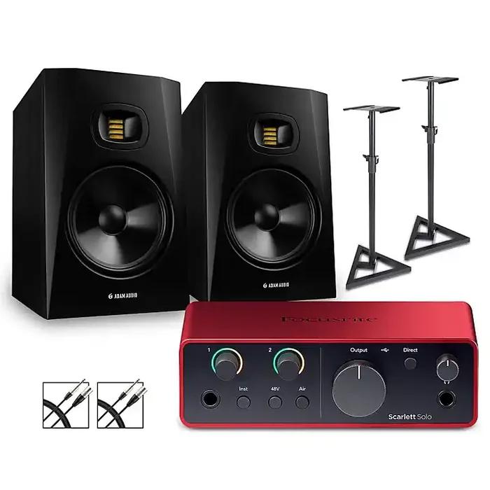 Focusrite Scarlett Solo Gen 4 with Adam Audio T-Series Studio Monitor Pair Bundle (Stands & Cables Included) T8V Guitar Center