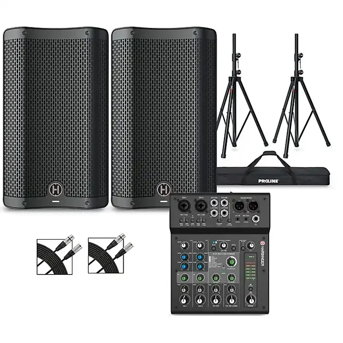 Harbinger VARI V2410 10″ Powered Speakers Package With LX8 Mixer, Stands & Cables Guitar Center