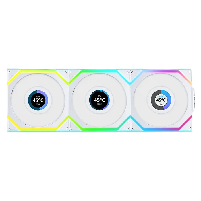 Lian Li Uni Fan 120mm SL Wireless ARGB 4-Pin PWM White Fan with 1.6in LCD Display and Controller – 3 Pack (12SLLCD1W3W)