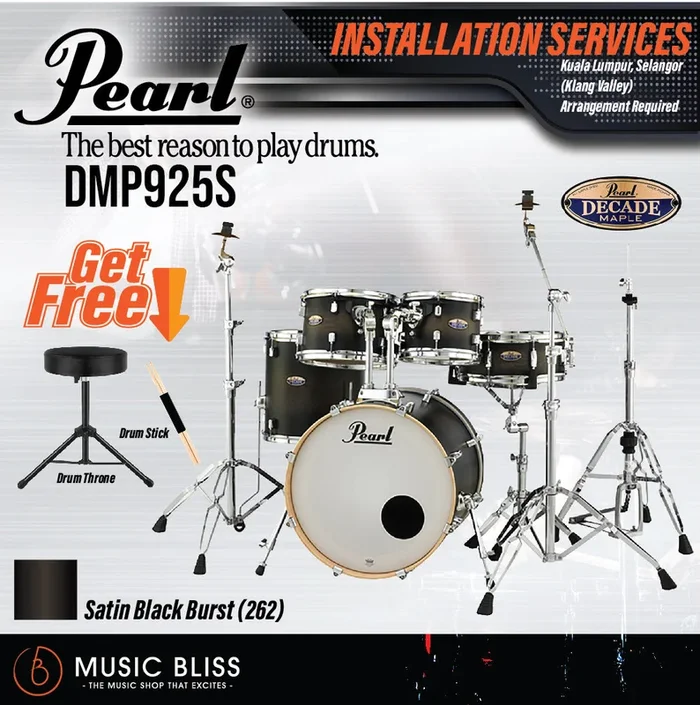 Pearl Decade Maple 5-Piece Drum Set with Hardware, Drumstick and Throne – 22 Inch Bass Drum – Satin Black Burst (DMP925SP/C)