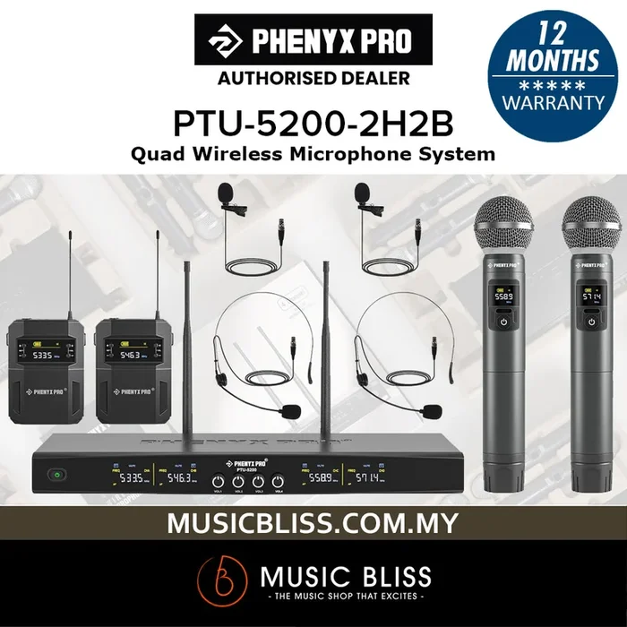 Phenyx Pro Best Budget Wireless PTU-5200-2H2B 4-Channel Wireless Mic Set with Handheld/Bodypack/Headset/Lapel Mics, Cordless Microphone for Singing, Karaoke, Church