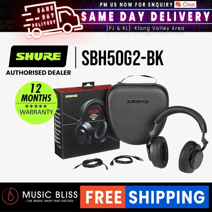 Shure AONIC 50 Gen 2 Wireless Bluetooth Noise-canceling Headphones – Black (SBH50G2-BK)