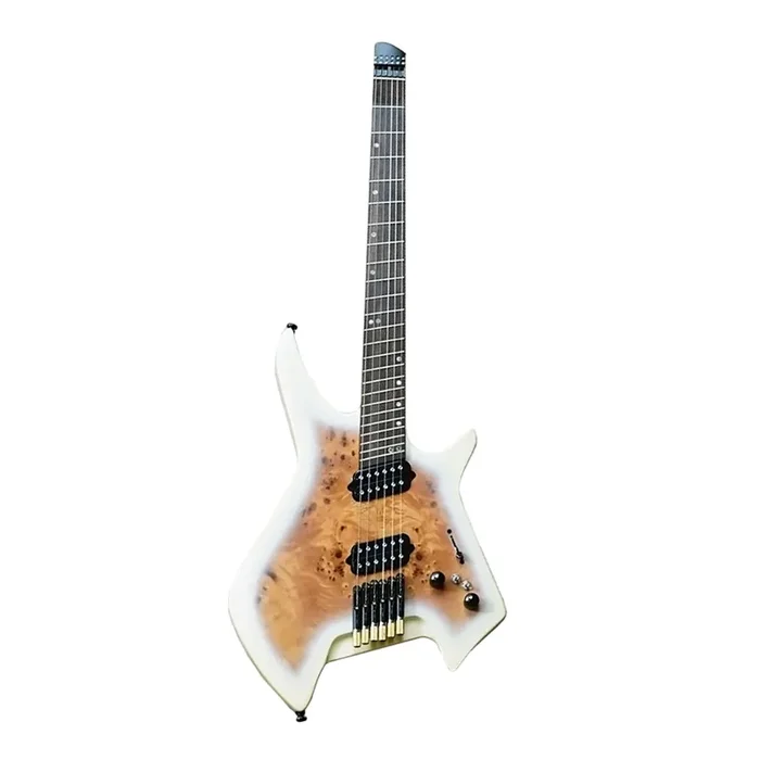SQOE SEIB992 Headless Burl Maple, Mahogany HH Electric Guitar – White (SEIB 992 / SEIB-992)