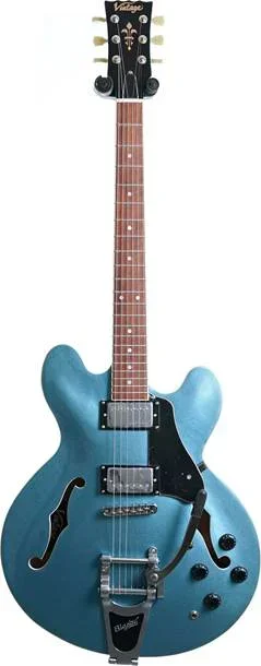 Vintage VSA500B Reissued Semi Acoustic Guitar with Bigsby Gun Hill Blue