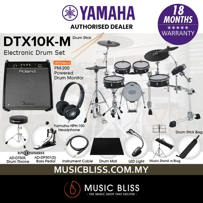 Yamaha DTX10K-M Electronic Drum Set with Roland PM-200 Drum Monitor and Yamaha HPH-100 Headphone – Black Forest (DTX10 / DTX10K / DTX10KM / PM200 / HPH100)