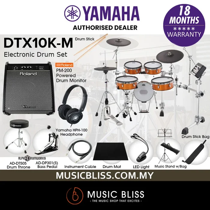 Yamaha DTX10K-M Electronic Drum Set with Roland PM-200 Drum Monitor and Yamaha HPH-100 Headphone – Real Wood (DTX10 / DTX10K / DTX10KM / PM200 / HPH100)